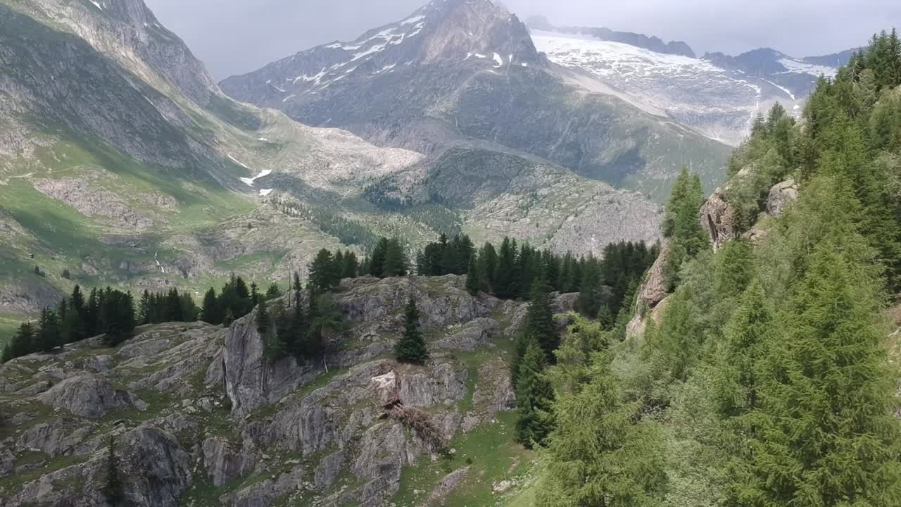 tomada aérea, avión no tripulado volando lateralmente filmando los alpes suizos, con montañas cubiertas de nieve, pinos y rocas naturales
