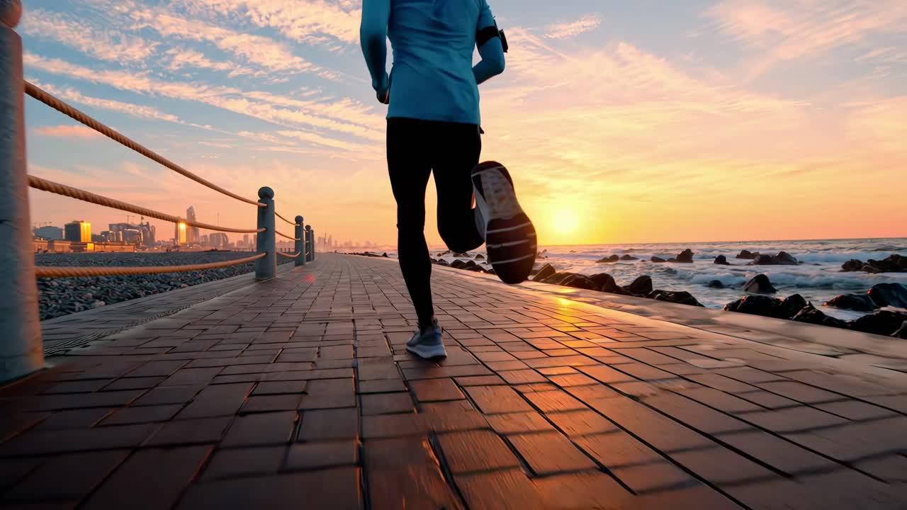 Video dal basso di un jogger su una passerella all'alba, che cattura movimento dinamico e colori vivaci