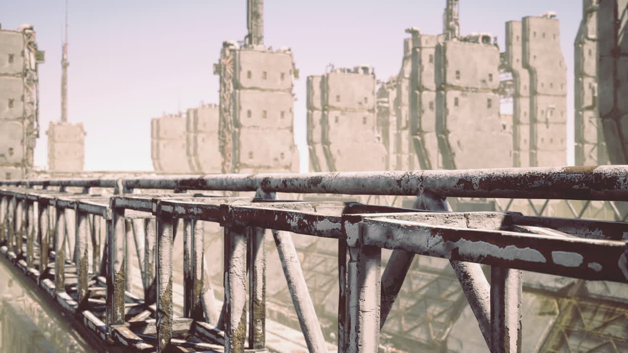 Urban exploration in a derelict industrial area with a rusted bridge