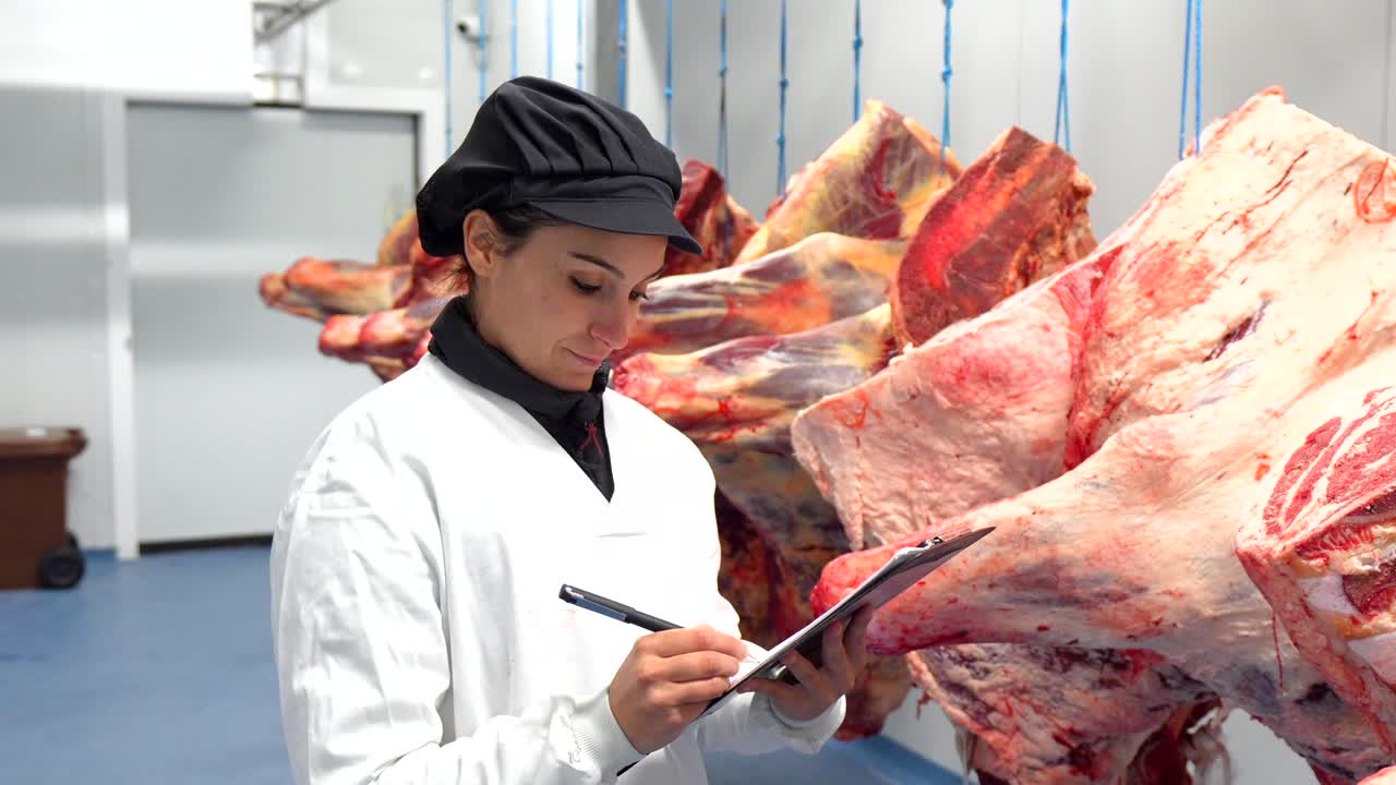 Meat Inspector Examining Beef Carcasses in Processing Plant