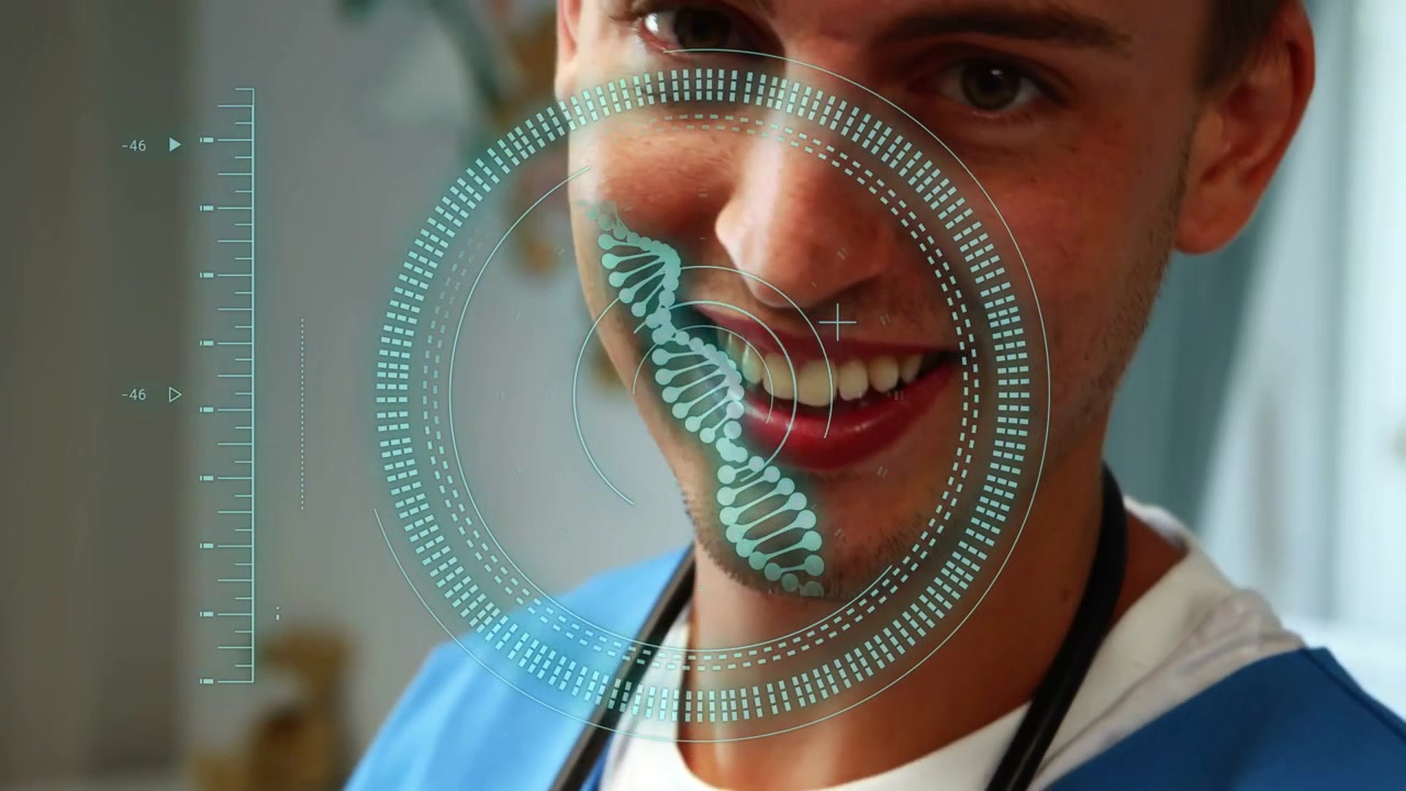 Male healthcare worker placing stethoscope, activating cyan DNA HUD, showing genetic data