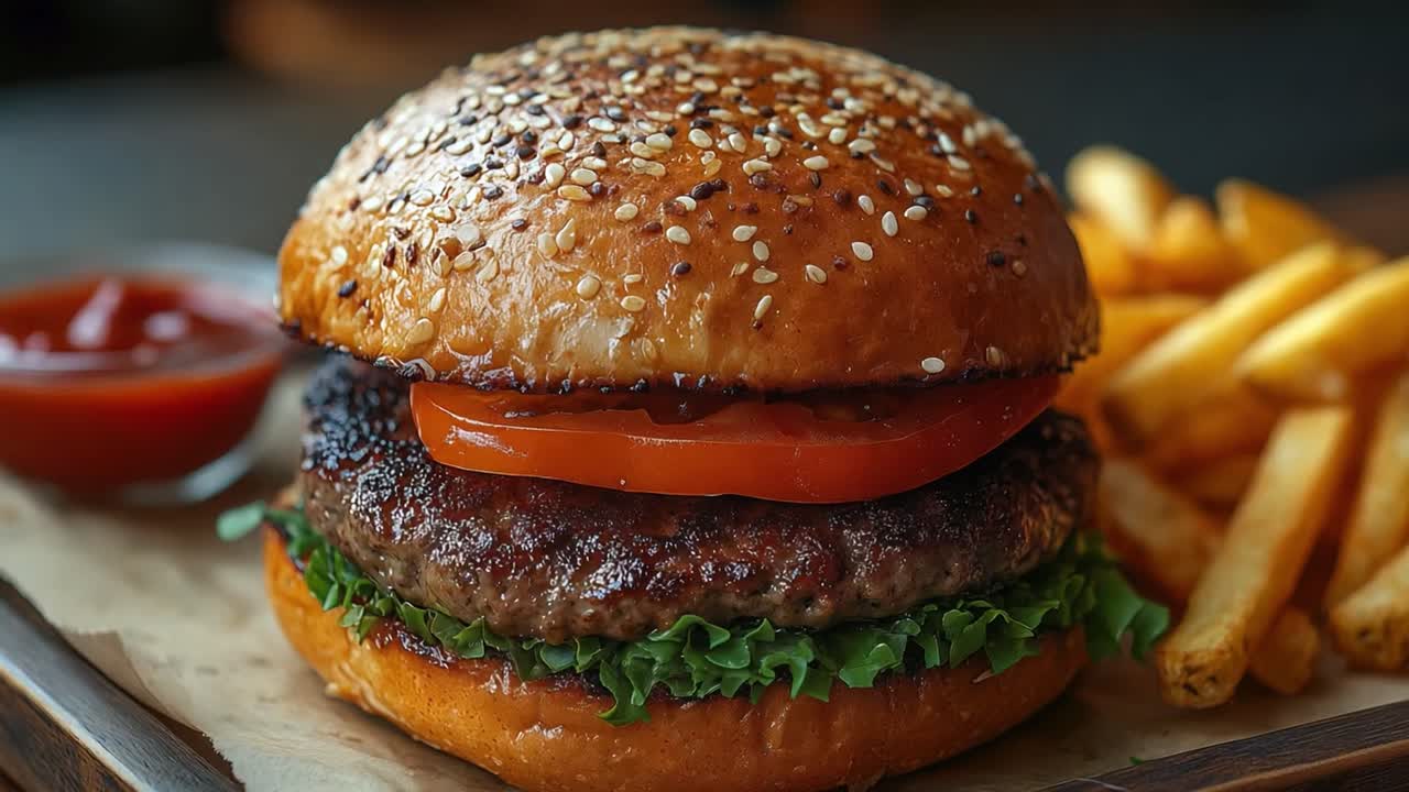 Hamburguesa y papas fritas.