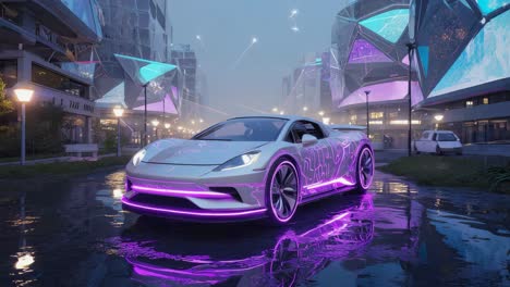 futuristic sports car with neon purple lights in a cyberpunk city