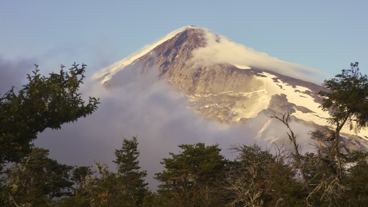 Static shot of Lanín Volcano covered with snow in Neuquén, Argentina, framed by foreground forest trees