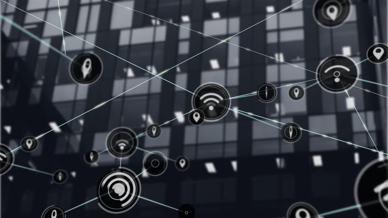 Network of wireless connections and data points animation over office building
