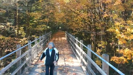 Mujer-Feliz-Saltando-Sobre-Un-Camino-De-Caballetes-En-Otoño-En-Canadá