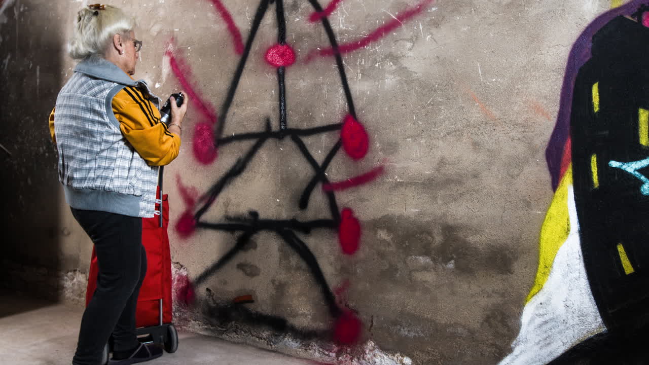 도시 벽 에 대항 하는 반역적 인 할머니 그래피티 예술가