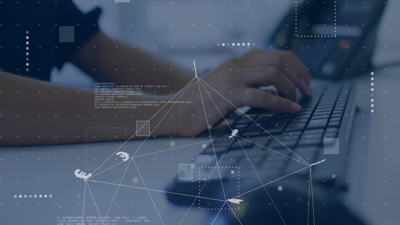 Animation of currency signs, network and data processing over caucasian woman using laptop