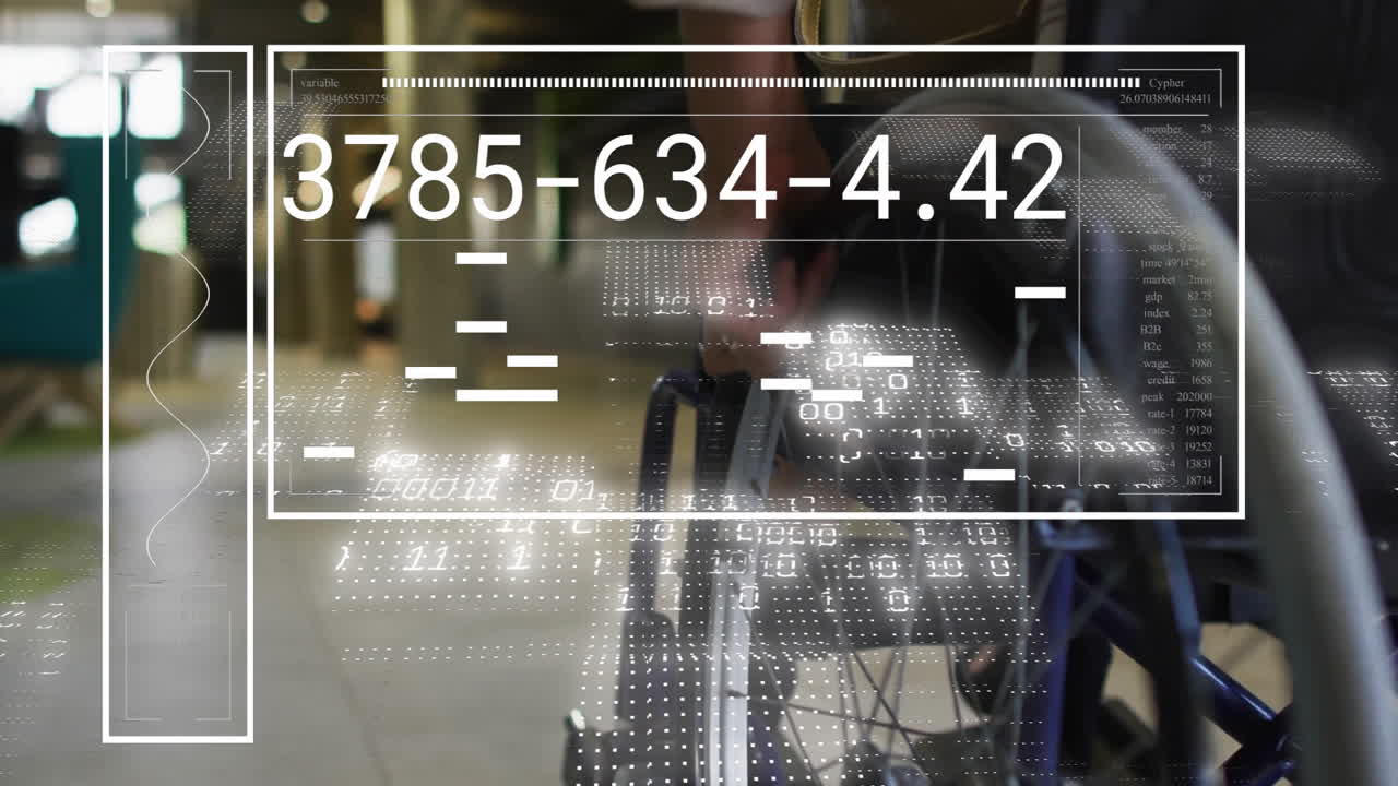 Animation of data processing over biracial businesswoman in wheelchair in office