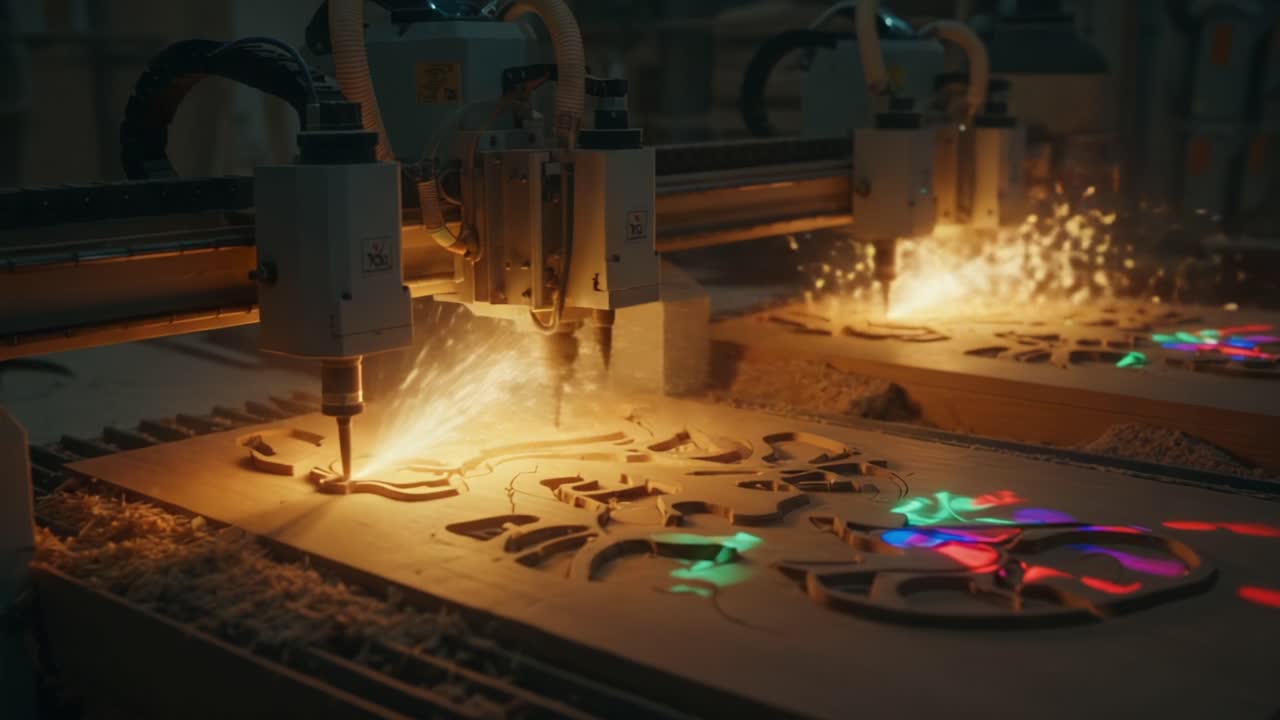 Advanced CNC Machines Engraving Intricate Patterns on Wooden Panels, Showcasing Sparks and Colored Lights in a High-Tech Workshop Environment