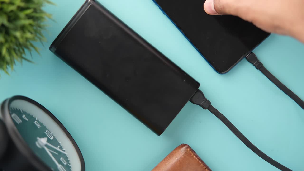 smart phone charging with Power bank top view