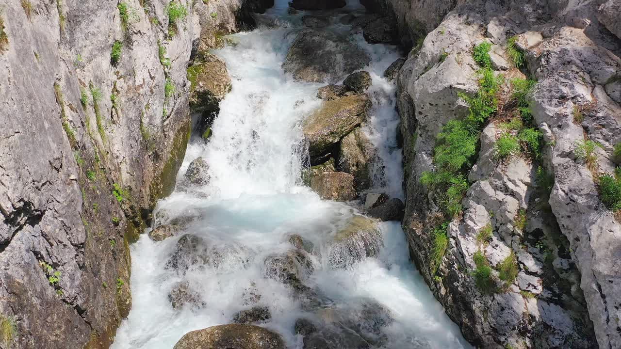 Aerial drone above scenic and beautiful river Soca