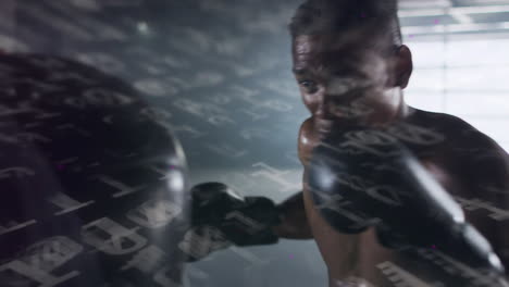 animation of floating numbers over man wearing boxing gloves punching a punching bag