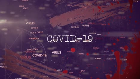 Animación-De-Covid-19,-Texto-De-Virus-Y-Nombres-De-Países-Sobre-Puntos-Rojos-Y-Salpicaduras-Sobre-Fondo-Oscuro