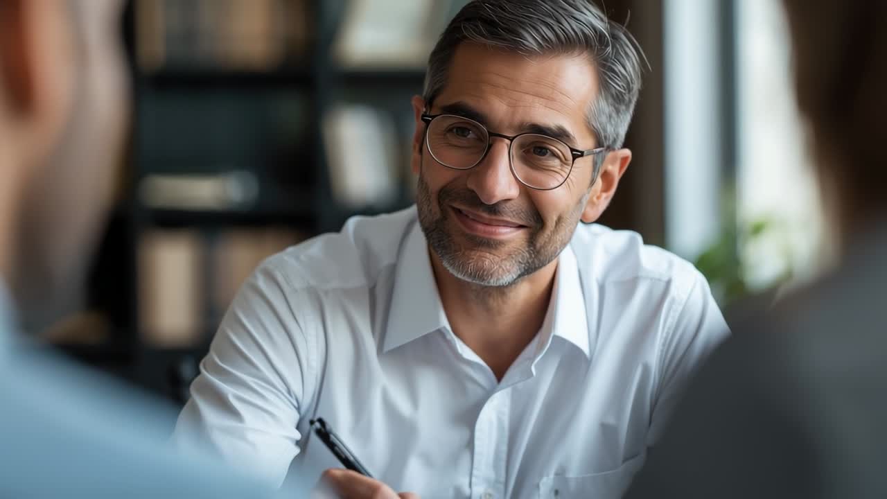 Clients starting questions causing consultant listening intently, jotting notes with pen in office