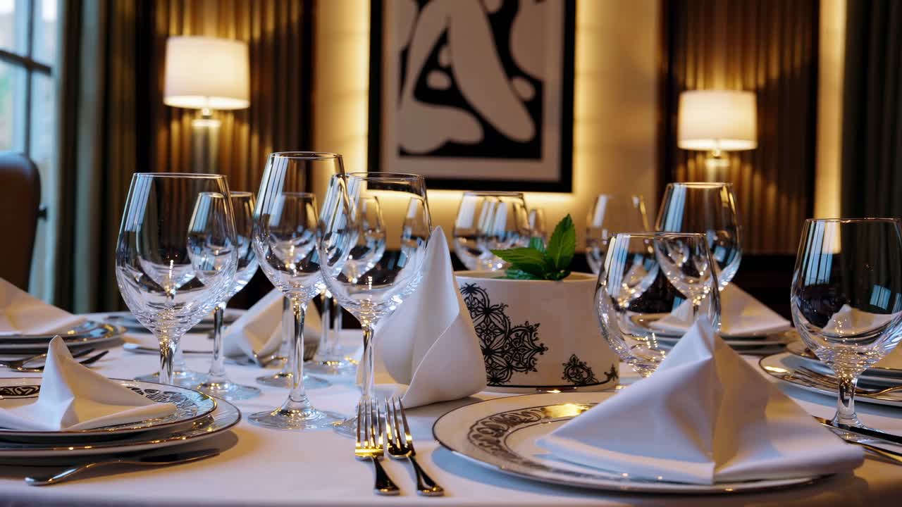 Empty wine glasses, plates, and folded napkins meticulously arranged on a table with a white tablecloth, creating an elegant ambiance in a dimly lit upscale restaurant