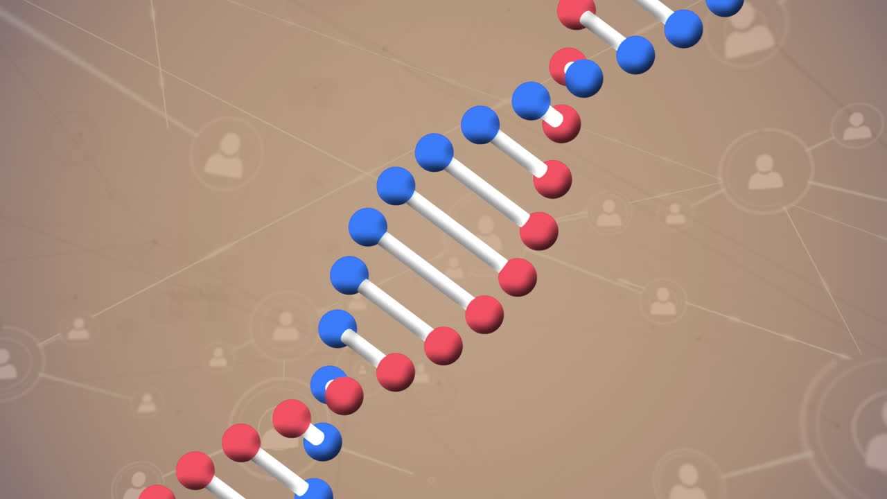 베이지색 배경에 아이콘을 가진 연결 네트워크를 통해 dna 줄무의 애니메이션