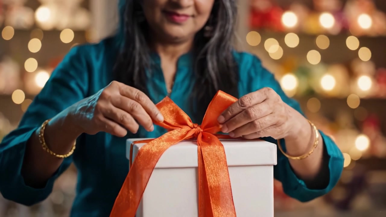 Una donna lega con amore un nastro arancione su una scatola regalo splendidamente incartata, catturando la gioia e l'attesa del donare durante una celebrazione festiva.