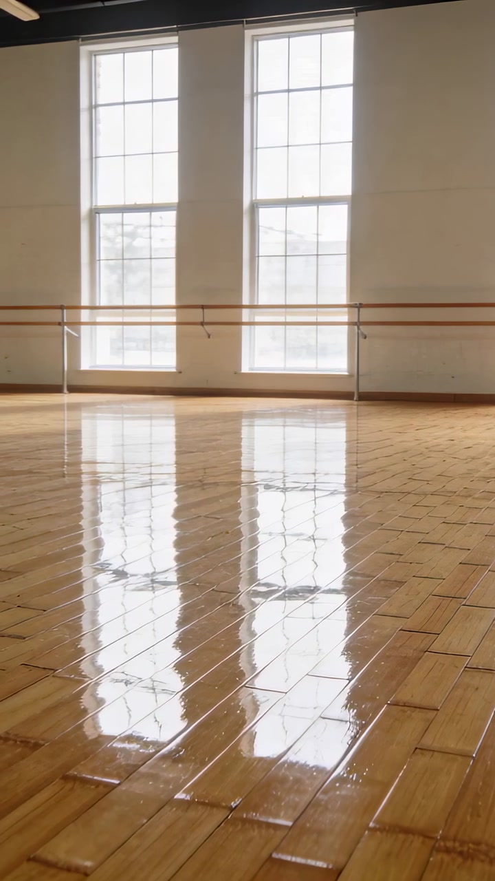 Vertical video: Pulling back low camera revealing glossy floor in dance studio to show empty space