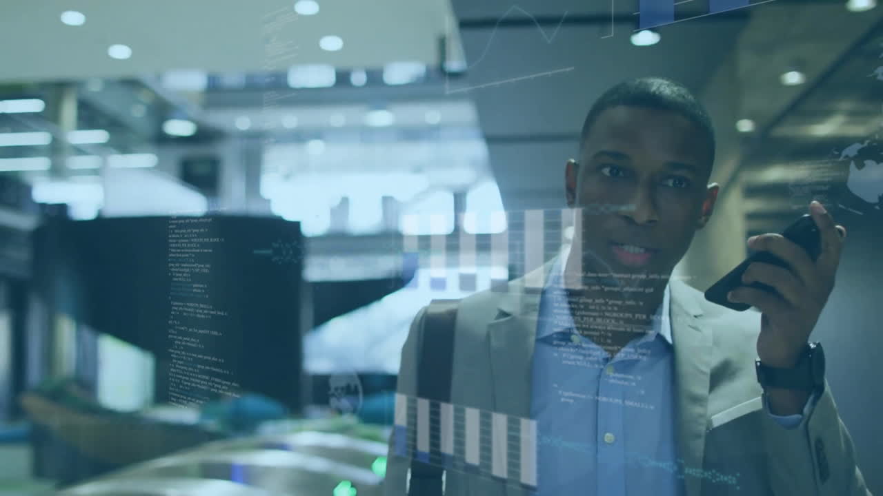 Animation of financial data processing over afrcian american businessman with smartphone