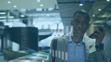 animation of financial data processing over afrcian american businessman with smartphone