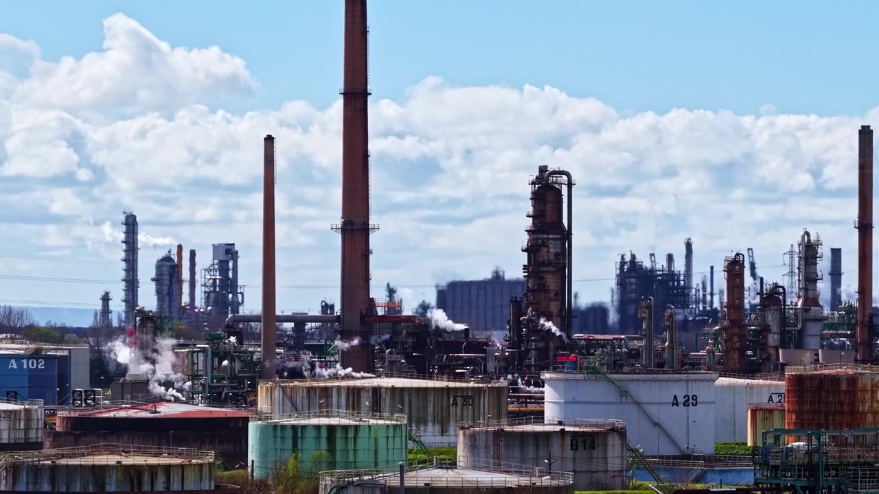 A sprawling industrial refinery complex with towering chimneys and storage tanks emits smoke under a blue sky. Ideal for environmental or industrial-themed projects.