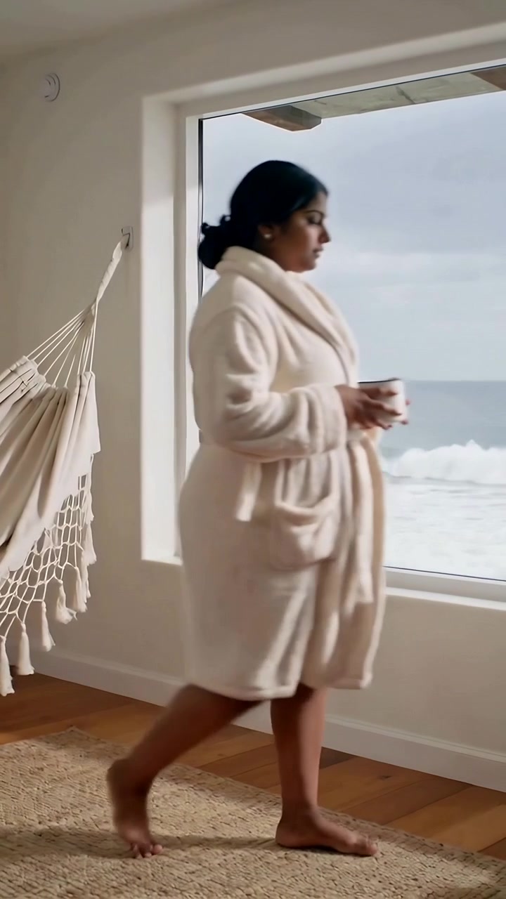 Vertical video: Entering left woman in robe holding mug at home, pausing at window to watch ocean