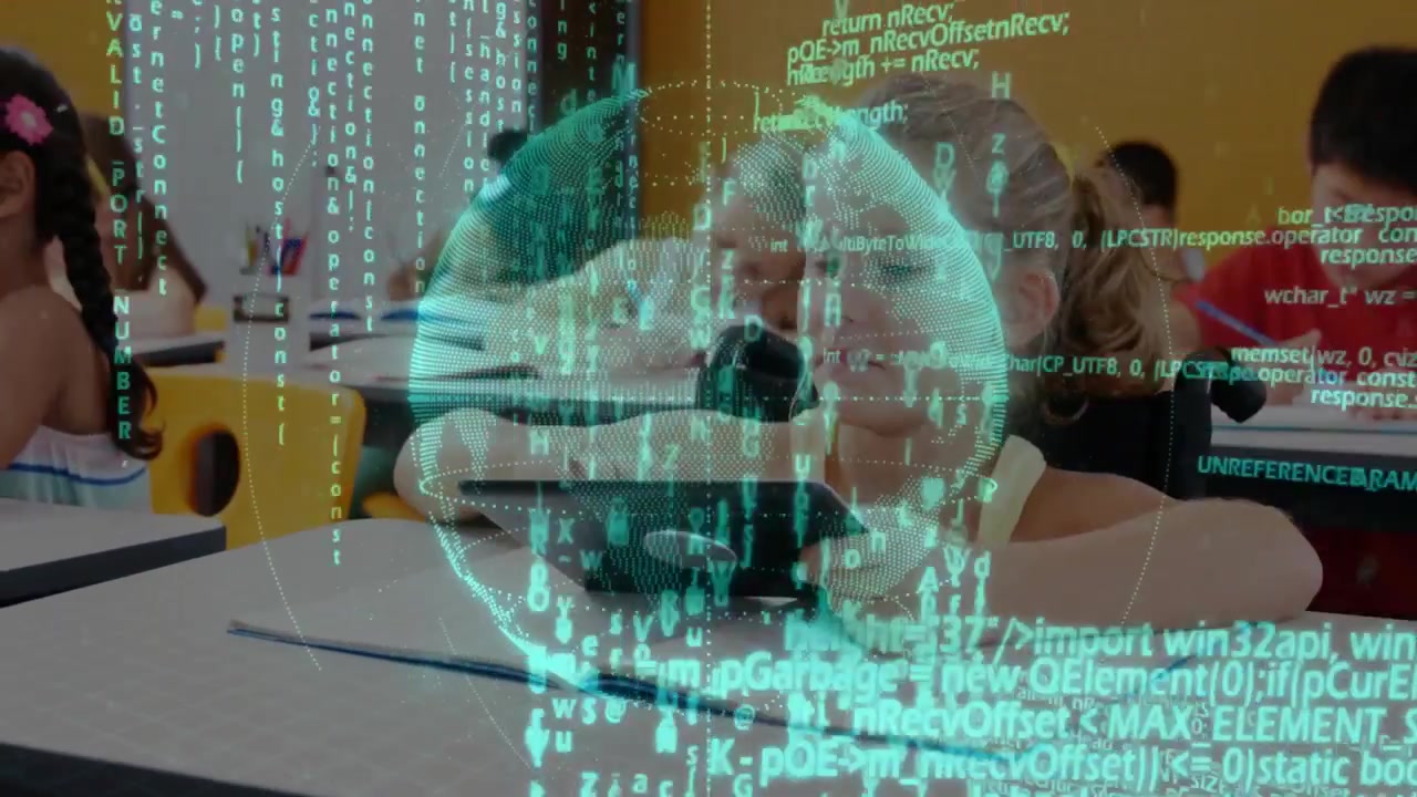 Schoolgirl tapping tablet and activating spinning holographic code globe in classroom
