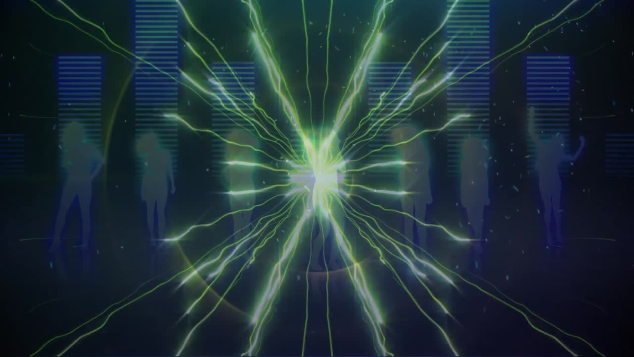 animación de fuegos artificiales y luces sobre personas bailando en un fondo oscuro