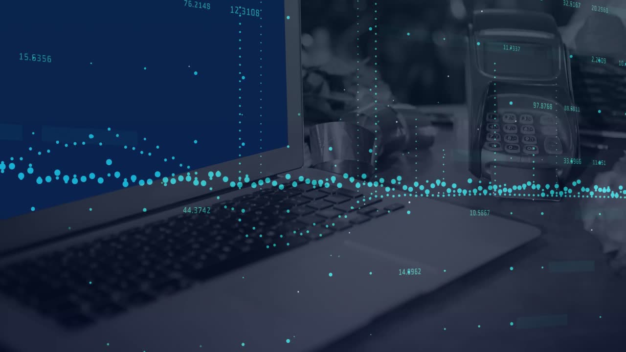 노트북과 결제 단말기를 통해 금융 데이터 처리의 애니메이션