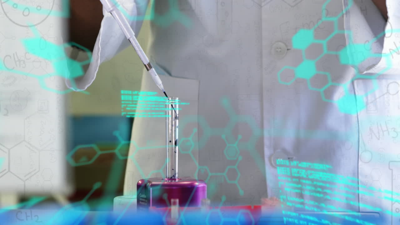 실험실에서 실험 튜브를 가진 두 인종의 남성 과학자에 대한 과학적 데이터 처리 애니메이션