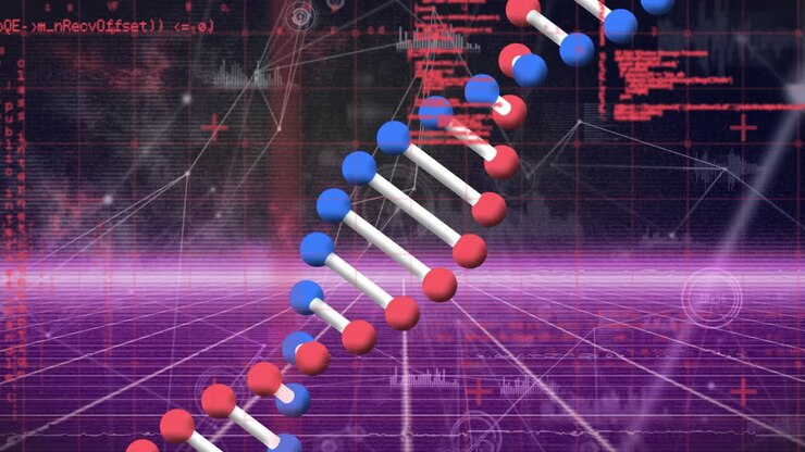Animation of dna strand and data processing over black background