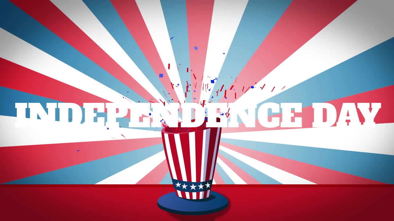 Animation of independence day text and container with confetti over moving striped background