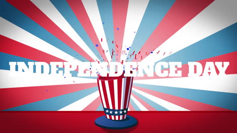 animation of independence day text and container with confetti over moving striped background