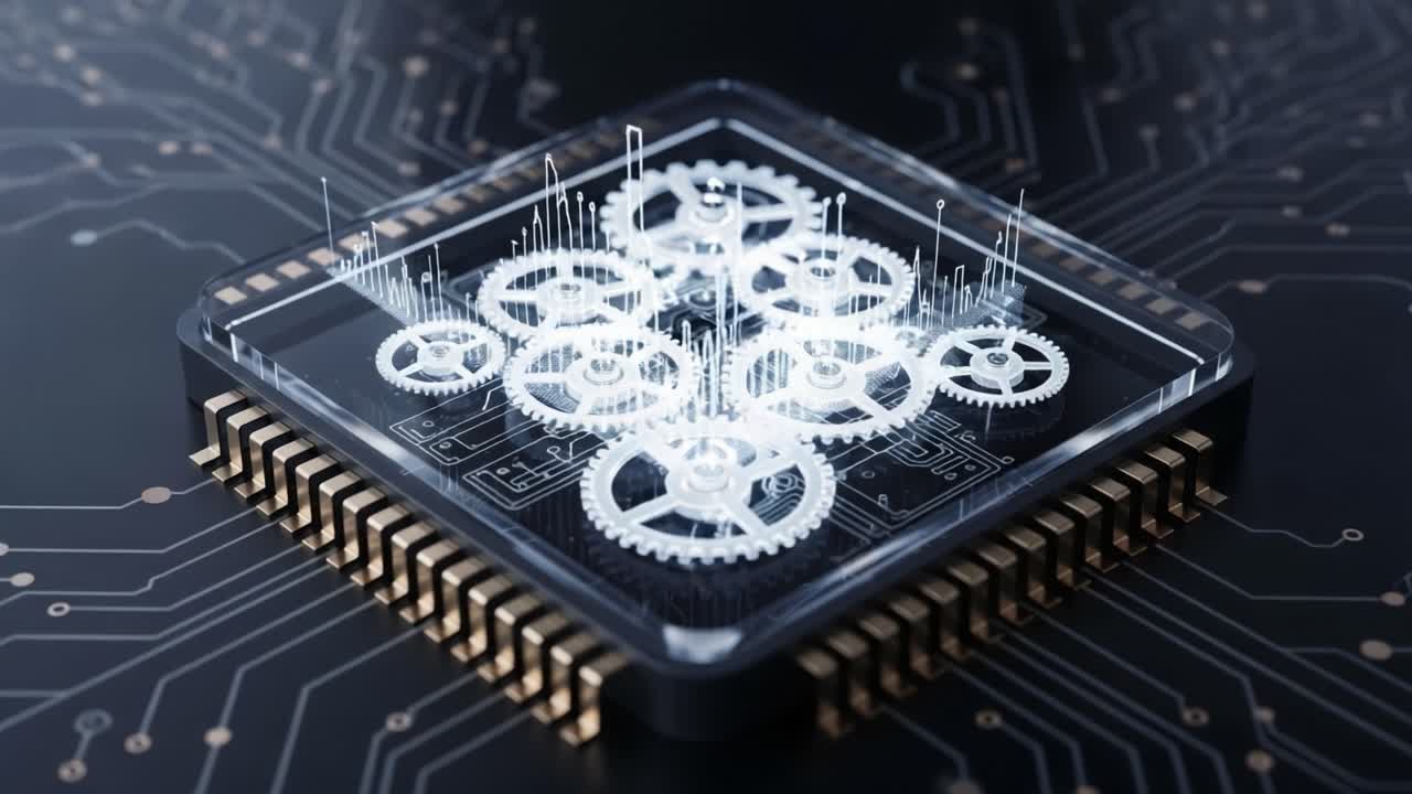 Intricate Mechanical Design: A Close-Up of a Transparent Gear System Mounted on a Microchip against a Circuit Board Background