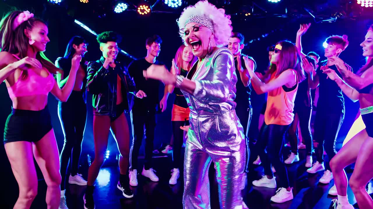Escena de vídeo de una fiesta de baile con temática disco. Un ángulo de visión bajo destaca a una persona vestida de plateado