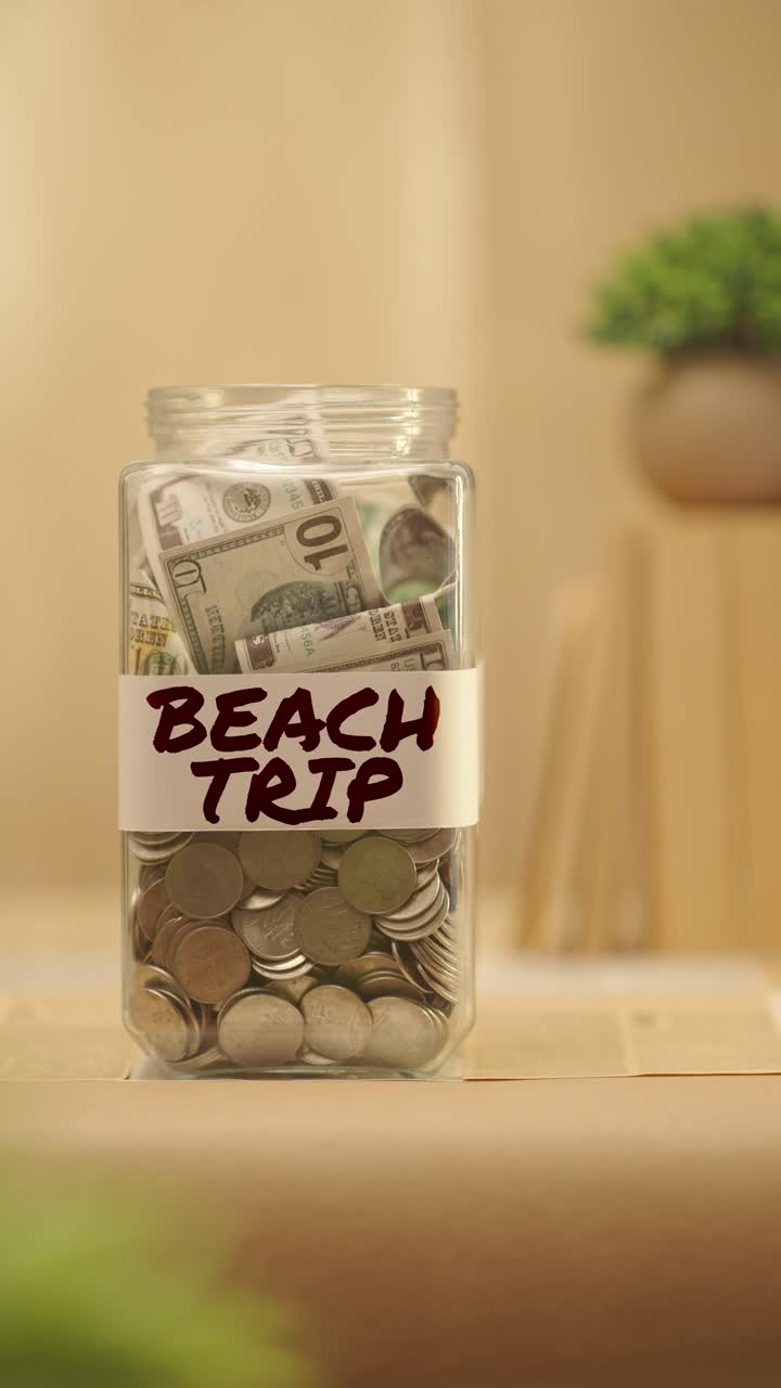 VERTICAL VIDEO OF PERSON SAVING MONEY FOR BEACH TRIP