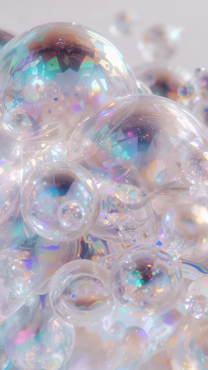 Video verticale: luce mutevole che crea un luccichio di grappoli di bolle con riflessi arcobaleno su un set da studio