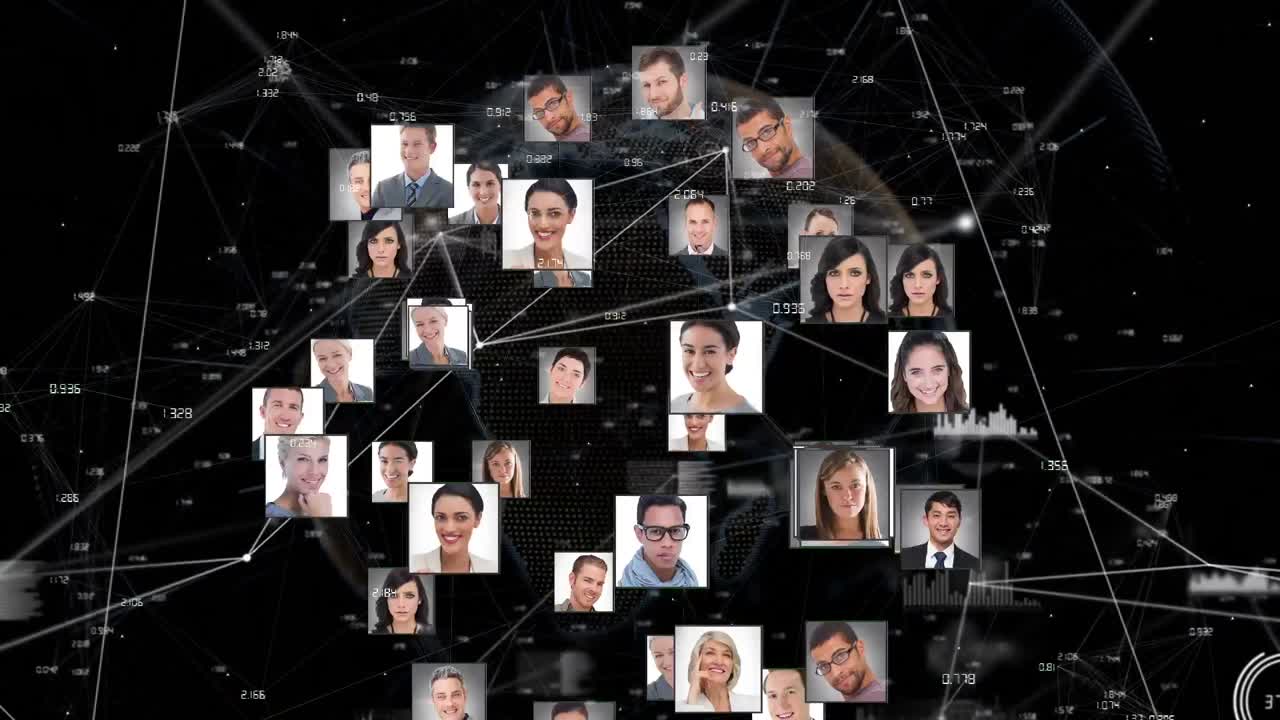 Animation of globe with network of connections and people's photos