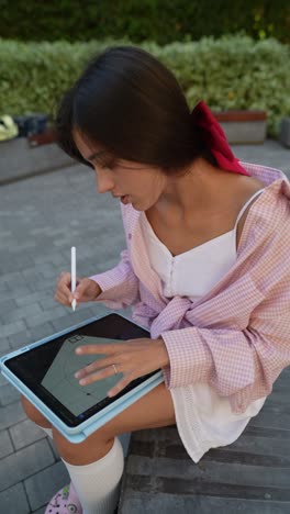 teenager drawing on a tablet outdoors