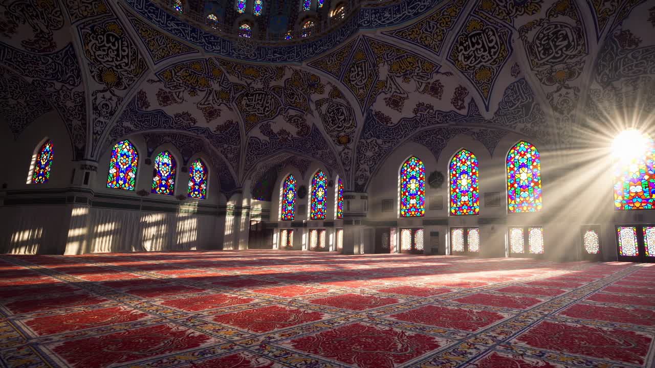 Sunlight filtering through colorful stained glass windows, illuminating intricate mosque interior with vibrant light patterns spreading across ornamental carpet during peaceful prayer time