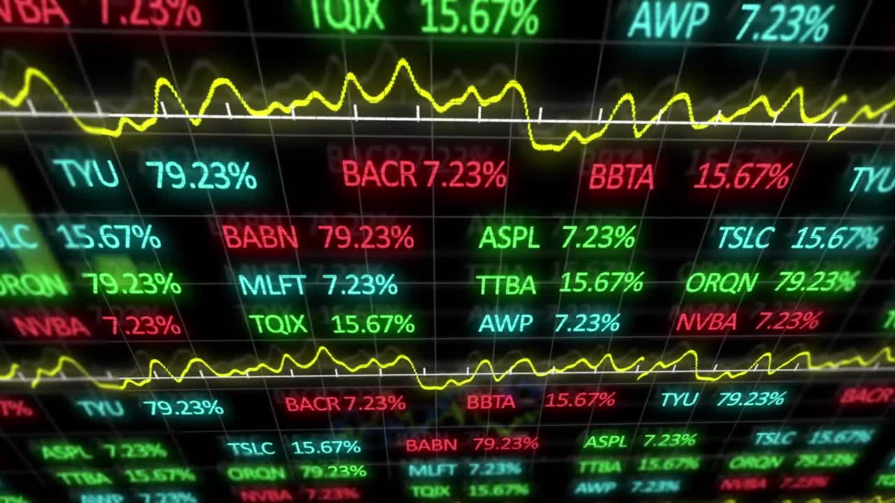 Animazione dell'elaborazione di dati statistici e del mercato azionario su sfondo nero