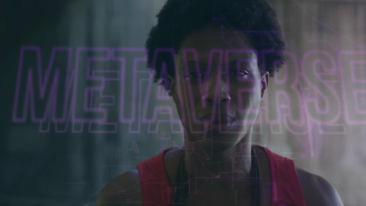 Wearing red shirt, person with animation of METAVERSE text overlay in purple
