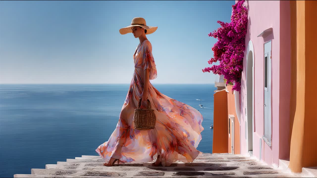 A graceful woman in a flowing floral dress strolls down picturesque steps adorned with blooming bougainvillea and vibrant pastel-colored buildings, framing the serene ocean view in the background