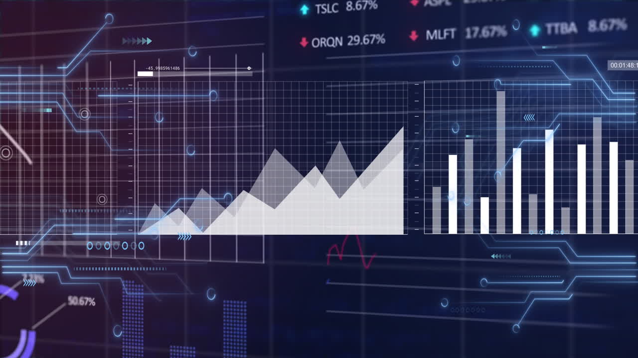 animación de placas de circuitos informáticos con estadísticas y procesamiento de datos
