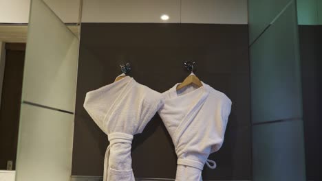 pair of white robes hang in luxurious sauna room of exclusive hotel suite. argentina.