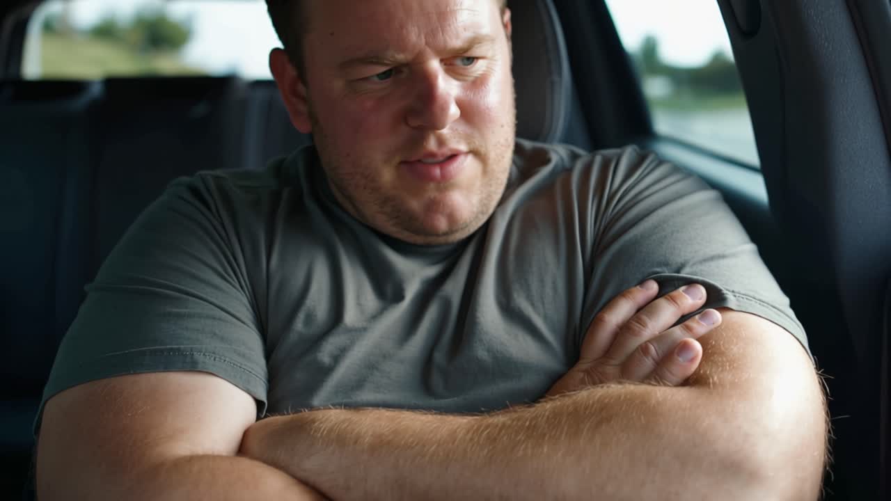 Man sitter i bil, med armarna i kors. Han ser tankfull, trött och resignerad ut. Mjukt ljus visar hans trötta uttryck. Han griper sin egen arm, inte en gest av ilska. Tyst ögonblick av eftertanke eller vila.