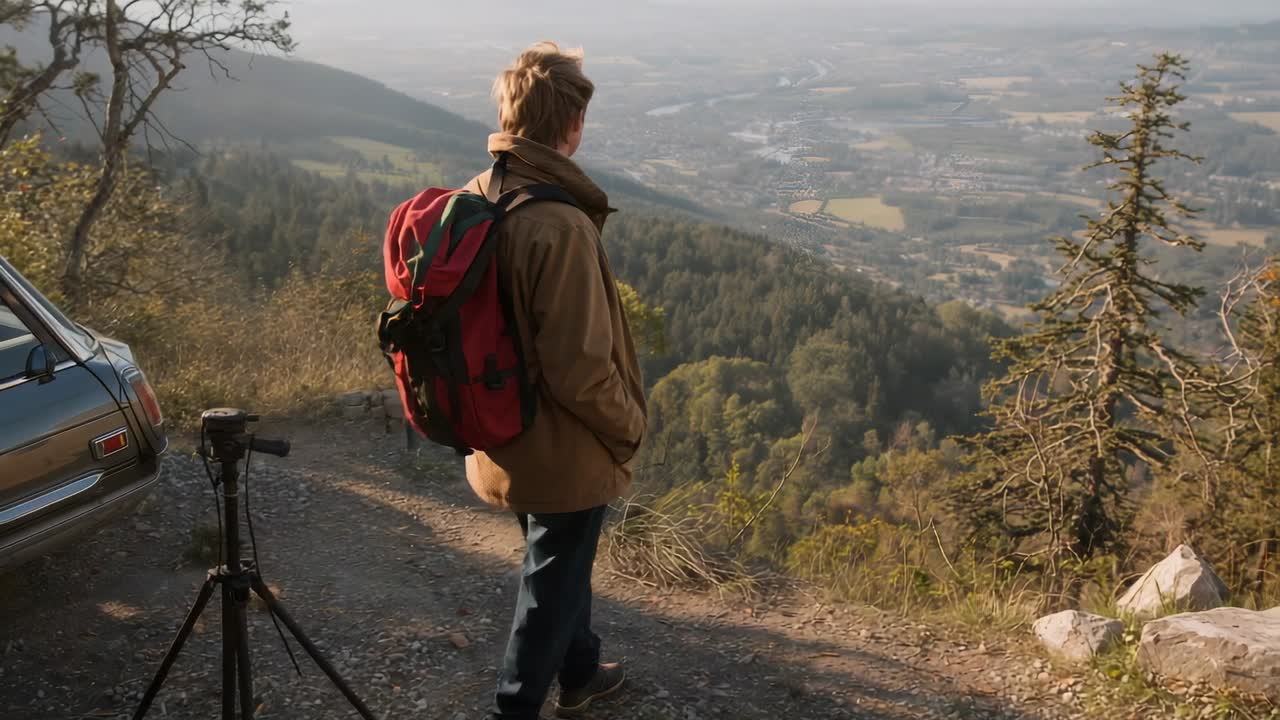 Arriving hiker red backpack brown jacket pausing at cliff rim to survey valley, tripod, copy space