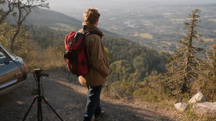 Arriving hiker red backpack brown jacket pausing at cliff rim to survey valley, tripod, copy space