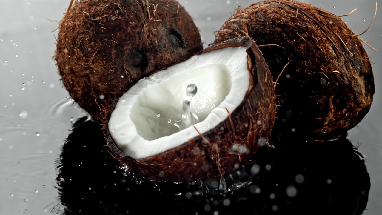 Water Splashing on Fresh Coconuts with a Half Coconut on a Dark Reflective Surface